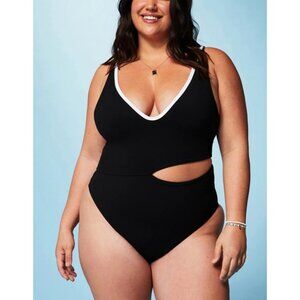New Fabletics Seaside Cutout One Piece Swimsuit Black White Womens Size XXL